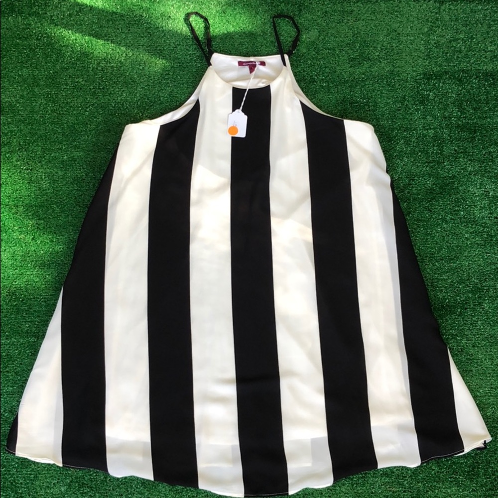 Black and white striped dress.